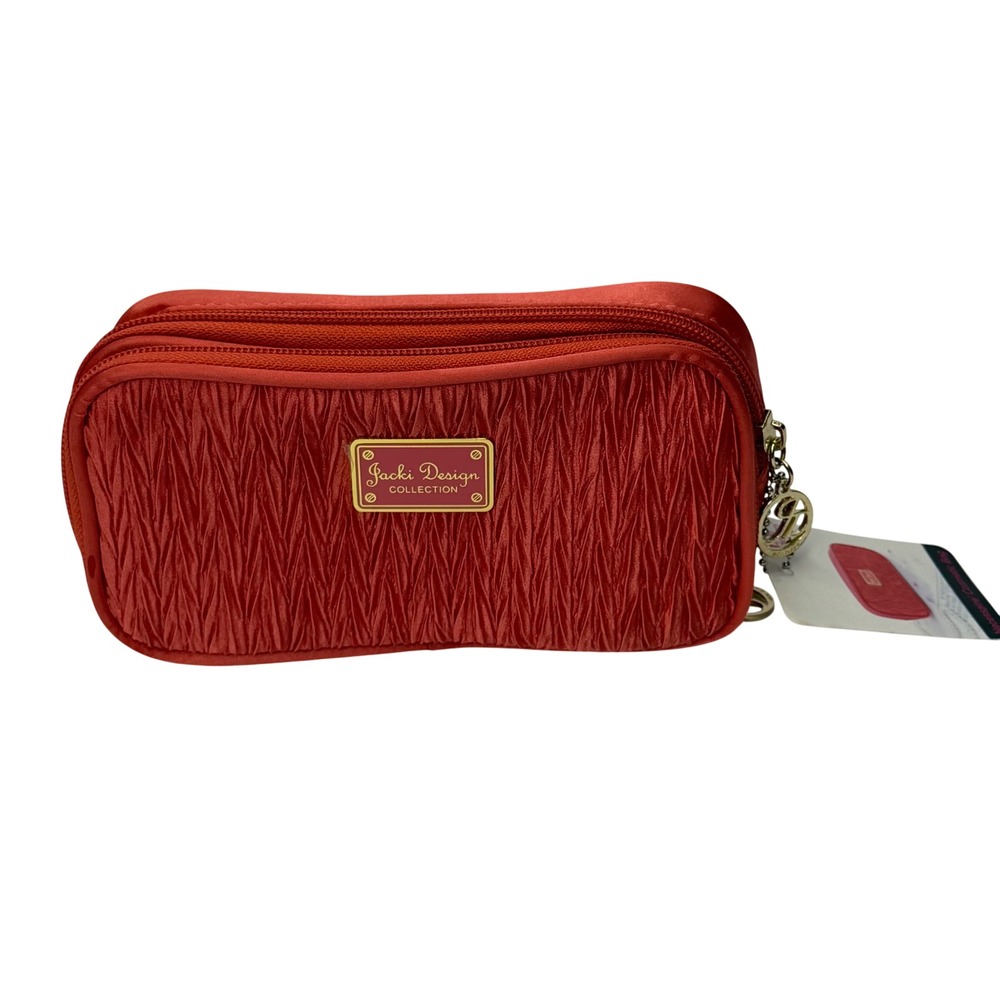 Jacki Design Collection Red Pleated Satin Makeup Bag Organizer NWT Travel